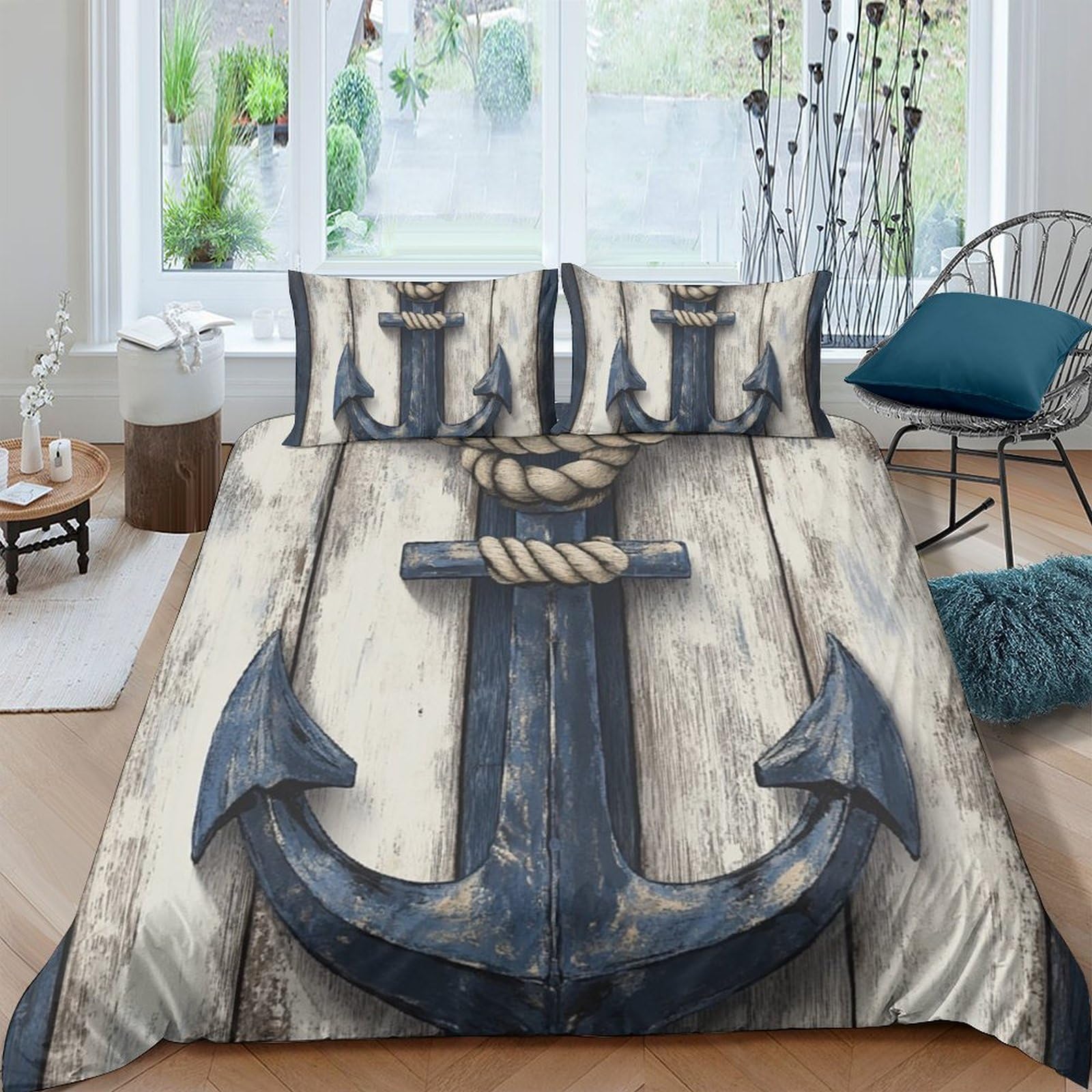 Ctjqhvkz Style-8 3D Printed Nautical Anchor Fitted Sheet Microfiber Soft Bed Cover Rope Wood Pattern For Bedroom Guest Room Decor Single（135X200cm）