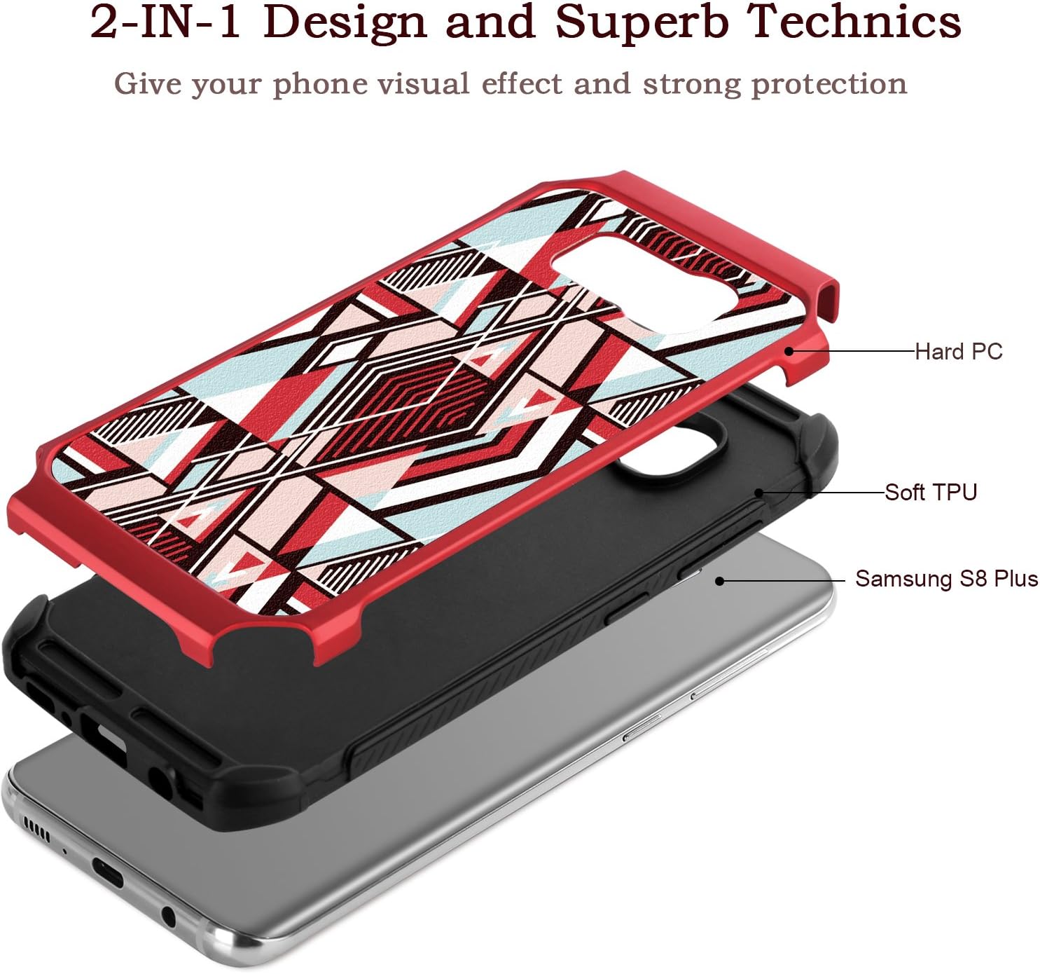 BENTOBEN Galaxy S8 Plus Case, Samsung Galaxy S8 Plus Case, S8 Plus Cover Shockproof Dual Layer Hybrid Hard PC TPU Bumper Geometric Pattern Protective Case for Samsung Galaxy S8 Plus (6.2"), Red/Black