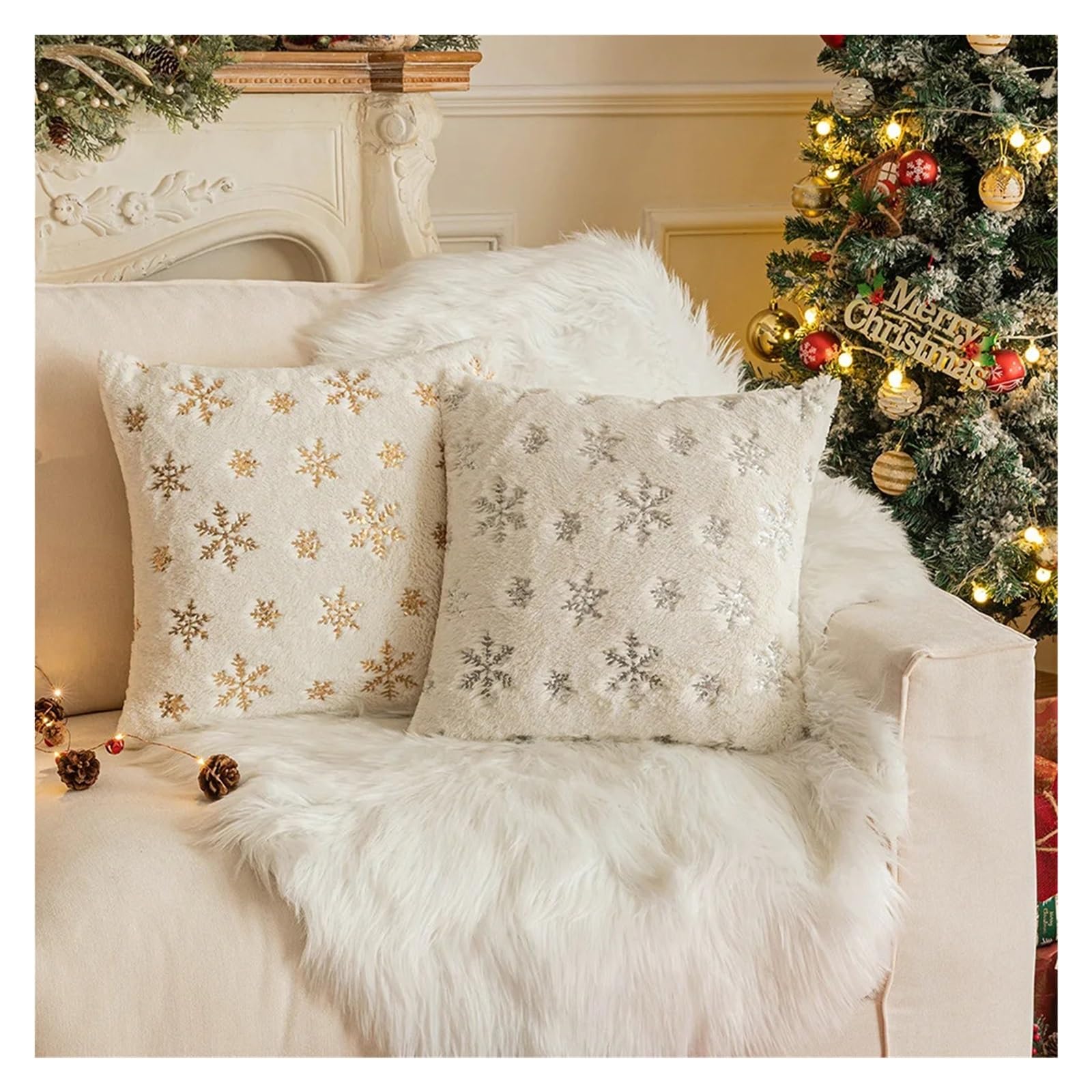 Funda Cojin Navidad Funda de almohada de copo de nieve de Navidad, 45x45CM, bordado con lentejuelas, estampado, funda de cojín for cintura, decoración, funda de almohada decorativa for el hogar(Silver