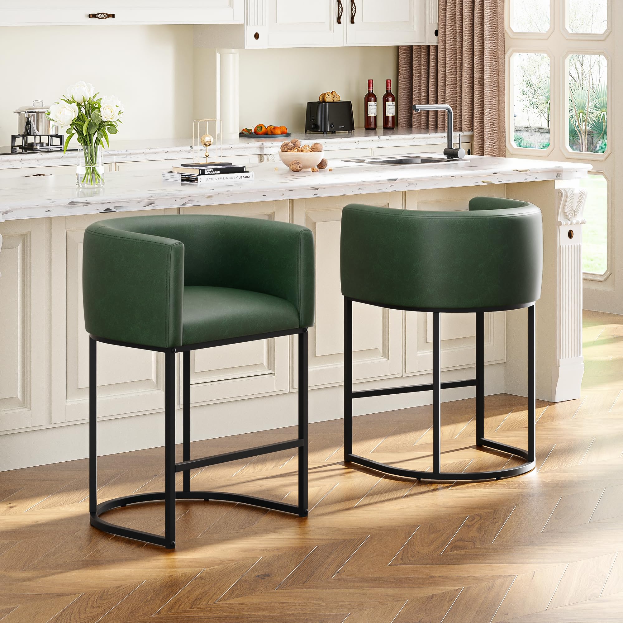 VATROS 26" H Counter Height Bar Stools Set of 2, Modern Barrel Counter Stools with Backrest and Arms, Faux Leather Upholstered Accent Barstools for