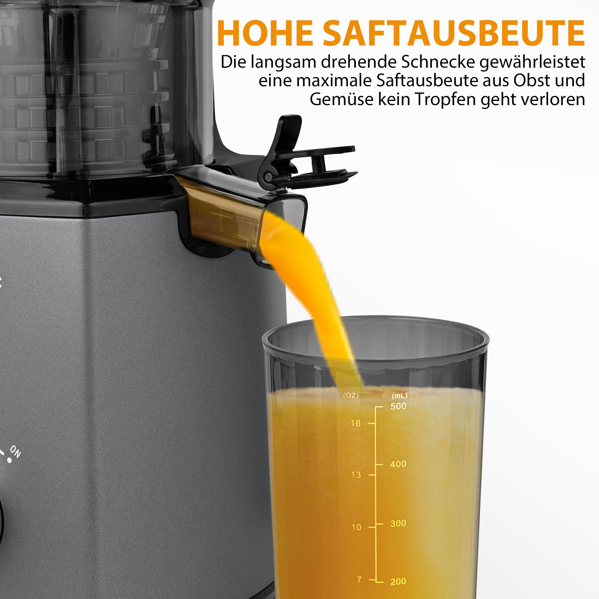 PUKOMC Kaltpressentsafter mit 14,7 cm (5,8 Zoll) großem Einwurf - Slow Juicer für ganze Früchte und Gemüse, 1,8 Liter Behälter, 300W, inklusive Reinigungsbürste und Auffangbecher, grau