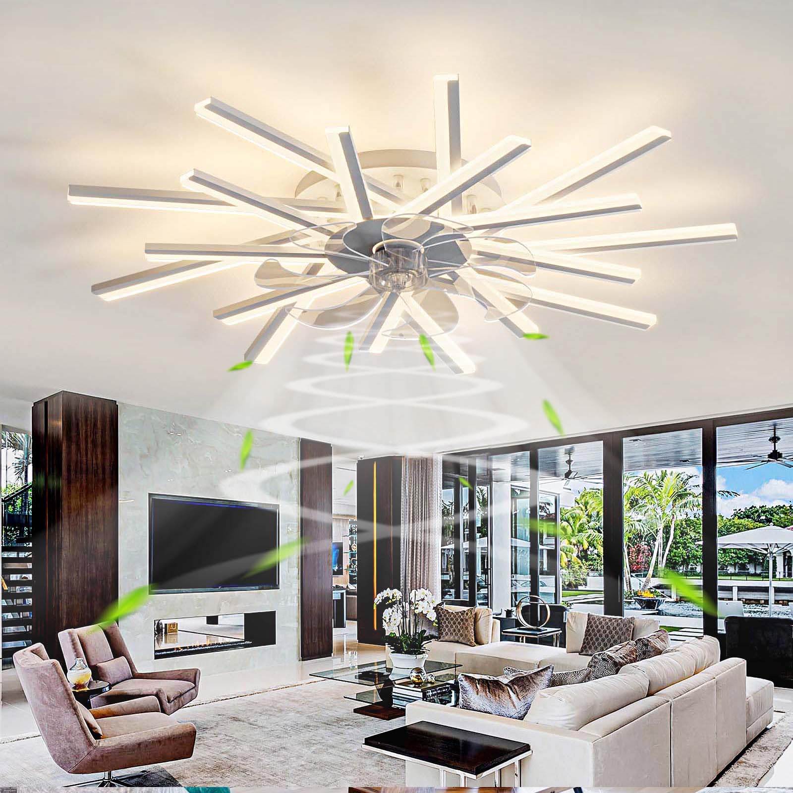 SXDMOUBK 6-Blade Dimmable Ceiling Fan with Remote Control & Reversible DC Motor – Whisper Quiet Modern 92cm Chandelier Light for Living Room & Bedroom Energy Efficient Home Decor