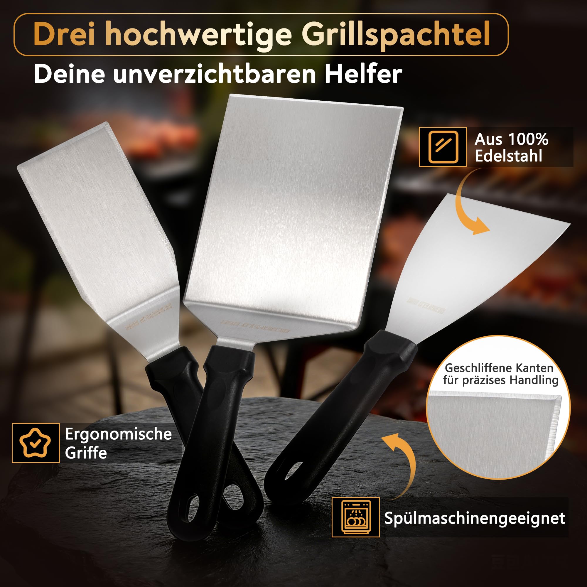 Bergfeld BBQ Grillplatte - Premium Plancha Set [30x40 cm] - 5mm massiver Edelstahl - 25% dicker als die meisten Planchas - inkl. 3er Grillspachtel-Set - auslaufsichere Ecken