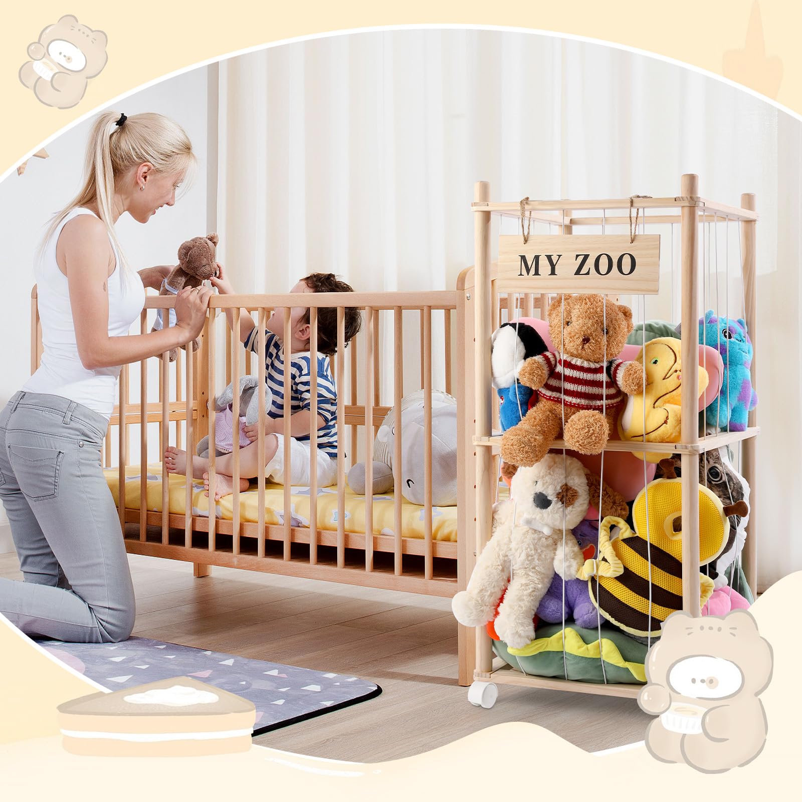 Massivholz Kuscheltier Aufbewahrung mit 360° Rollen & Bremse – inkl. Baumwollnetz, Plüschtier Organizer für Kinderzimmer, Spielzimmer & Wohnzimmer(Burlywood, klein)