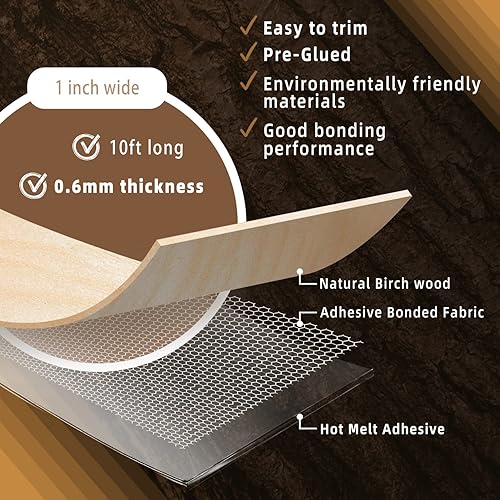 Miniatura 2 de GSCIT Club - Bandas de borde de chapa de abedul, rollo de 1 pulgada x 10 pies, prepegadas, flexibles, bandas de cinta de madera real para reparación