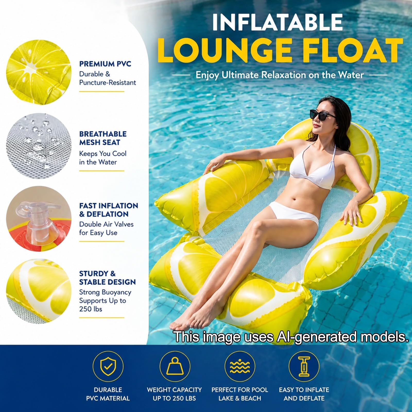 Galleggiante Gonfiabile Sdraio per Piscina, Sedia Galleggiante a Rete con Stampa Frutta, Zattera Pieghevole per Piscina, Spiaggia, Lago e Feste Estive