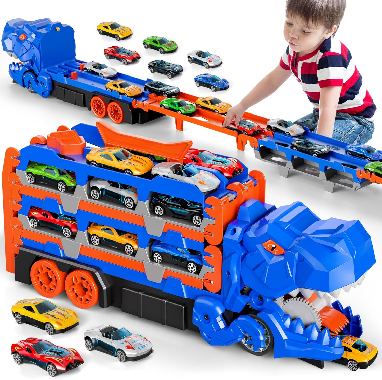 IHAHA 13-in-1 Dinosaur Race Track with 12 Die-Cast Cars