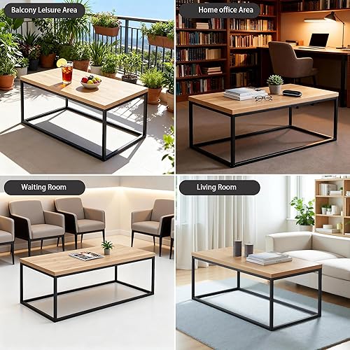 Miniatura 5 de CENSI Mesa de centro de roble natural de 40 pulgadas para sala de estar, rectangular, estilo industrial moderno de mediados de siglo, parte superior