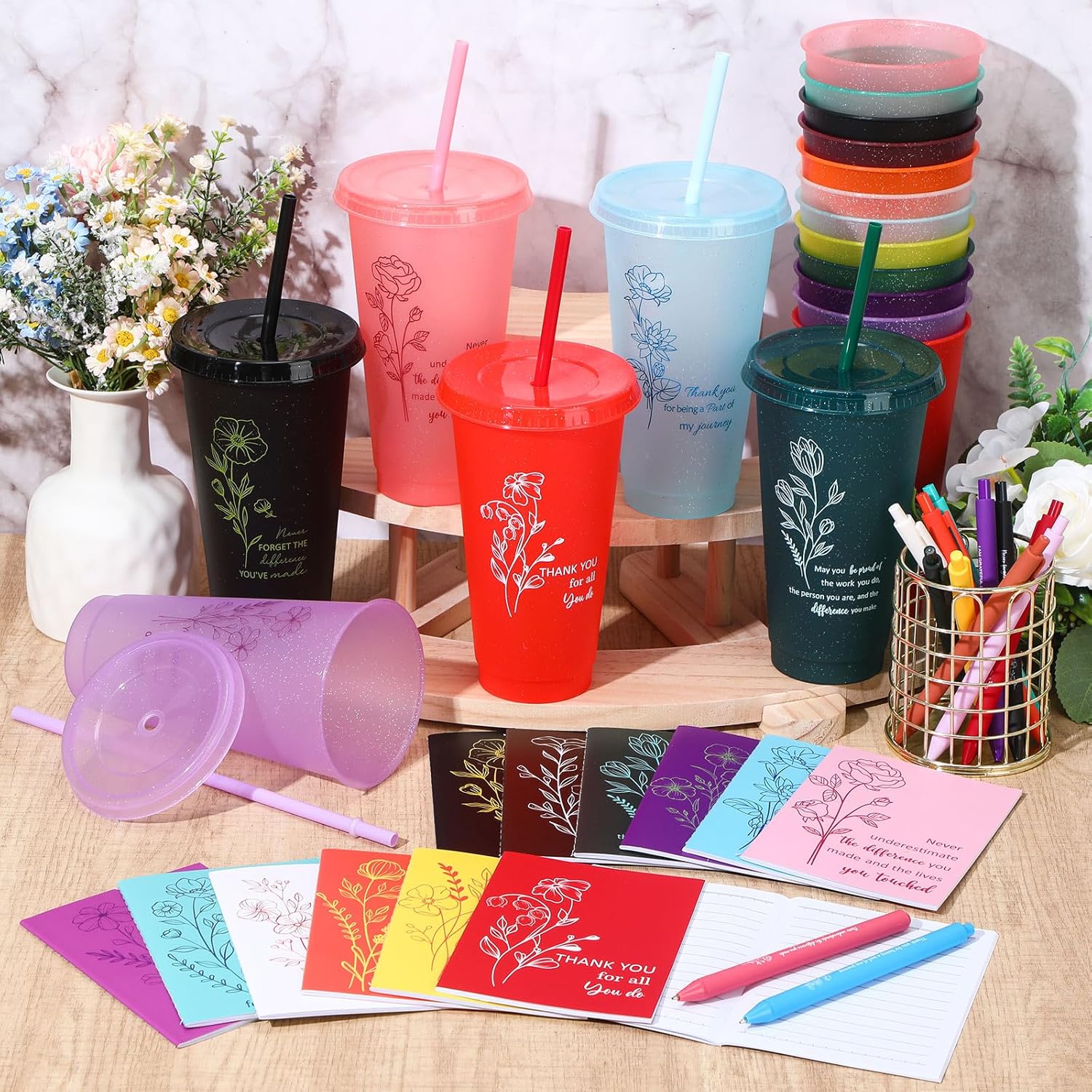 72 Pcs/ 24 Set Team Appreciation Gifts 24 oz Appreciation Tumbler with Lids and Straws Motivational Pens Inspirational Notepads Set Valentines Plastic Cups Gift for Staff Coworker Employees - Image 7