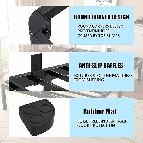 Miniatura 6 de FUIOBYVV Marco de cama individual con patas de esquinas redondeadas de 18 pulgadas de alto, 3500 libras, marco de cama de plataforma de metal