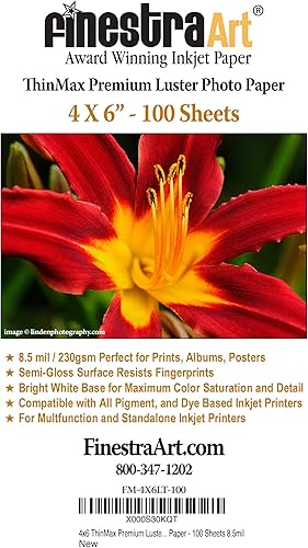 ThinMax Premium Luster - Papel fotográfico para inyección de tinta (4 x 6 pulgadas), 100 hojas