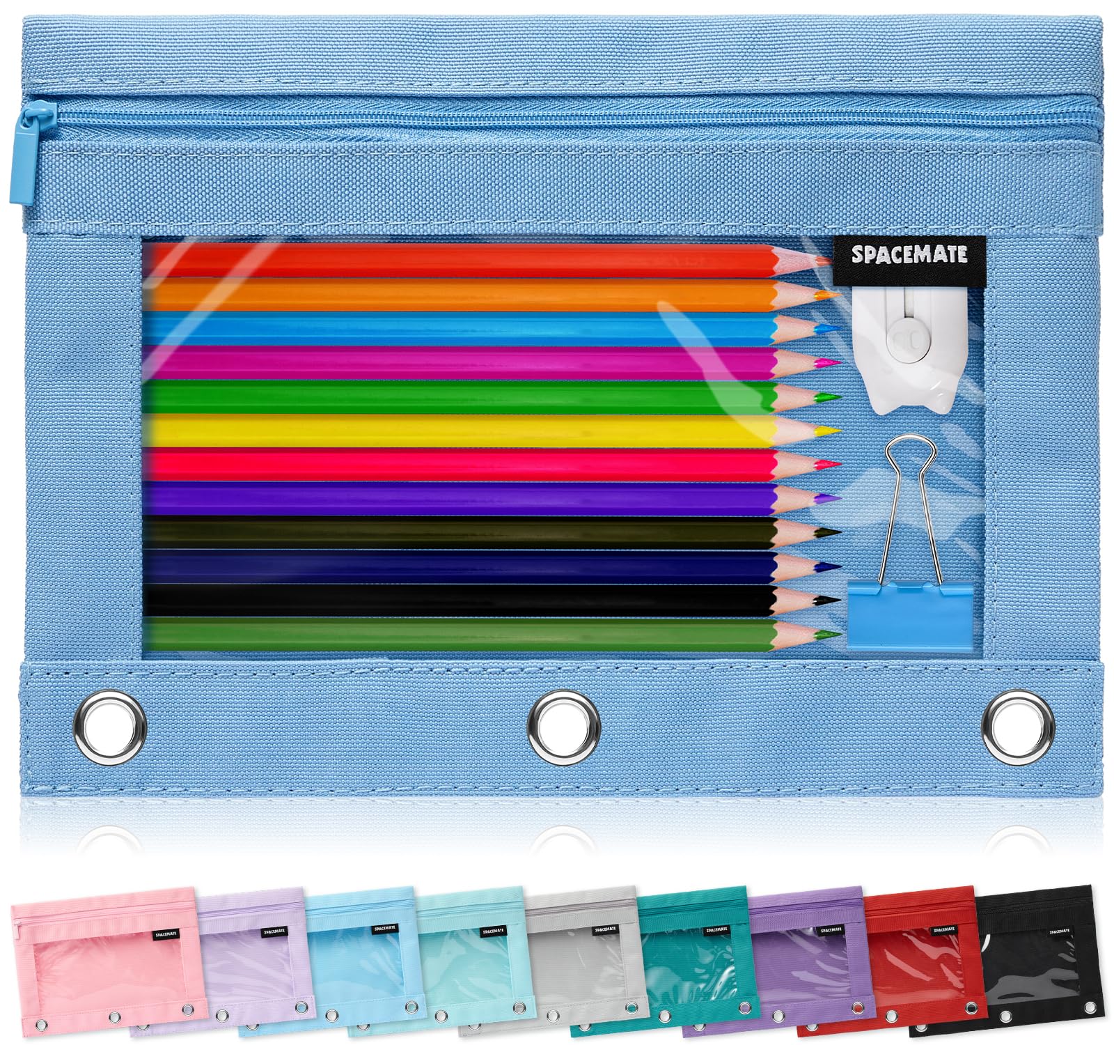 SPACEMATE Pencil Pouch for 3 Ring Binder, Clear 3-Hole Zipper Pencil Case