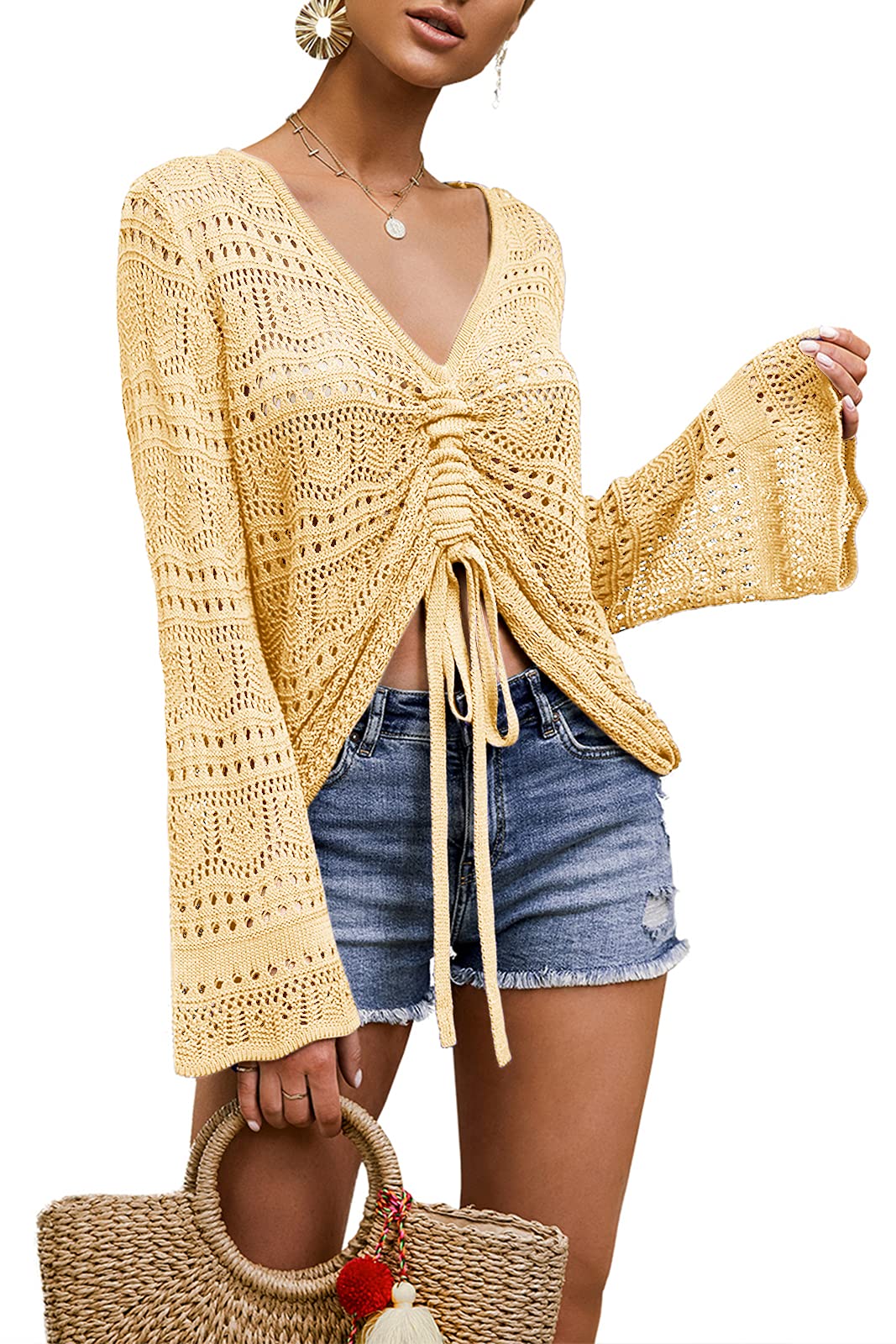 FERBIA Women Crochet Top Beach Cloth Drawstring Shirt Cover Up Oversized Sexy Beachwear Lace Up Tee Poncho