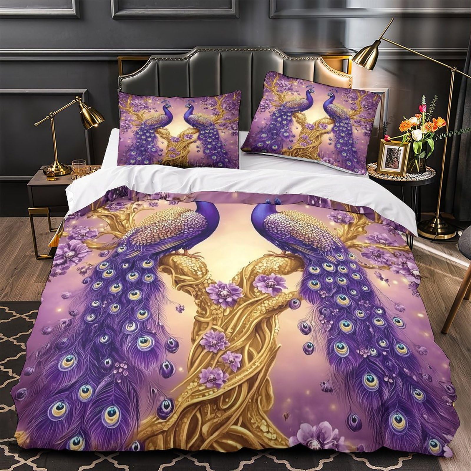 Purple Peacocks Set Di Copripiumino morbida microfibra 3 Pezzi stampa 3D con federa Fantasia Set Di Copripiumino cerniera ariosa morbido for ragazze King（220x240cm）