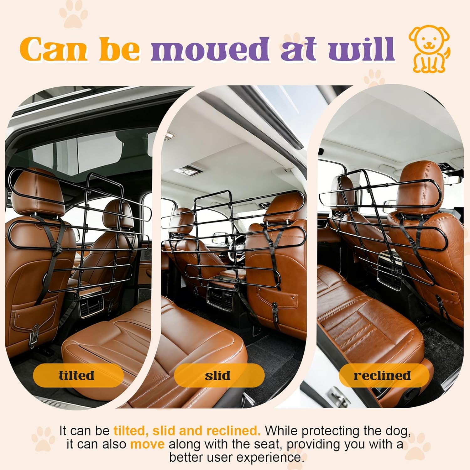 Adjustable Dog Car Barrier, Follow Seat Movement, 34-58" Width, Heavy Duty Metal Pet Gate, Easy Install Elastic Ropes, Universal Fit SUV Sedan Truck MPV Front/Back Seat