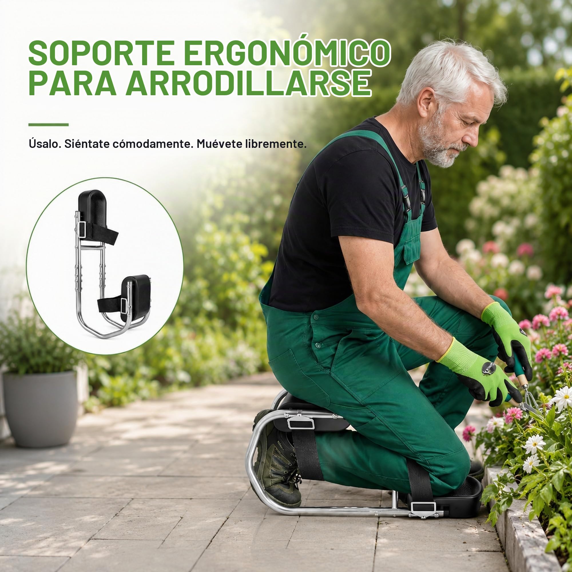 Reposarodillas para jardinería, silla con función de asiento, taburete para rodillas de jardín, ajustable, portátil, cómodo para 160 – 195 cm de altura, protección de rodilla