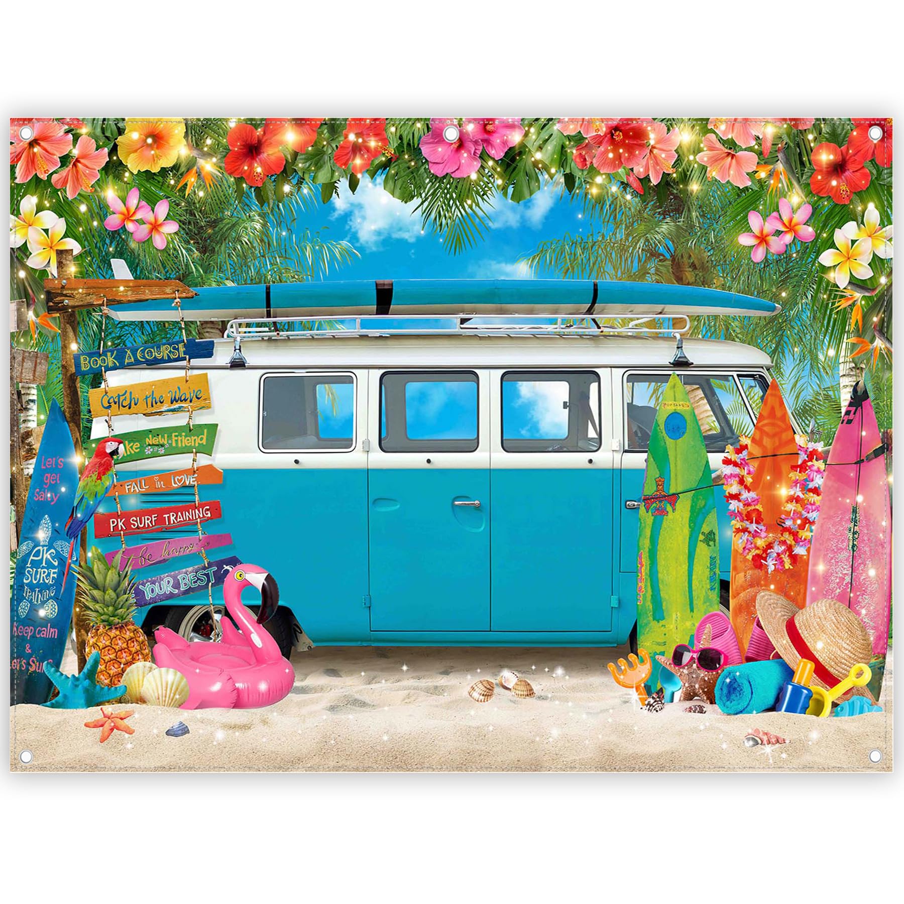 ZTHMOE 8x6ft Summer Hawaiian Beach Photography Backdrop Blue Caravan Travel Camping Background Surfboard Luau Tropical Flower Seaside Bus Photo