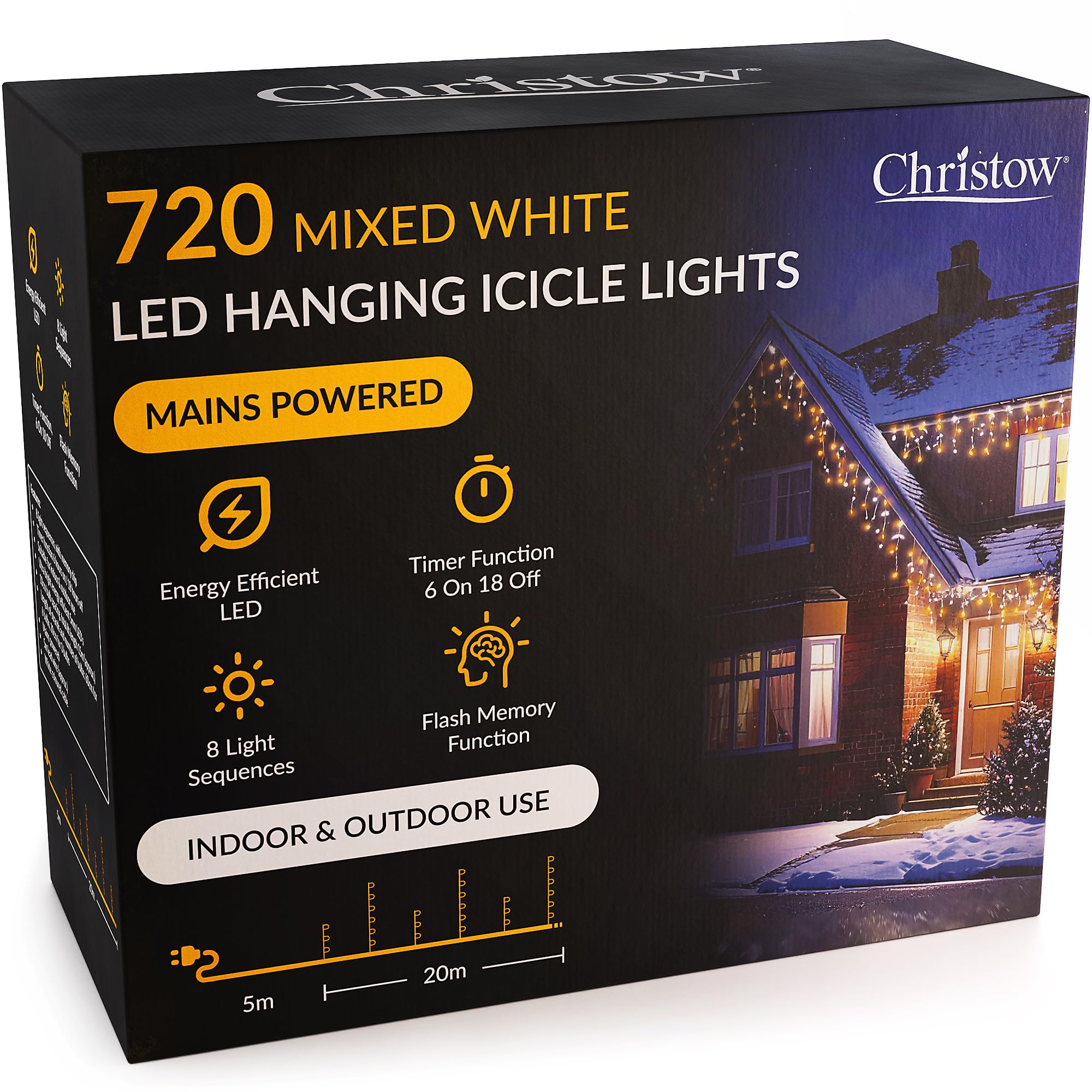 Christow Mixed White Hanging Icicle Christmas Lights, 720 White & Warm White Led, 20M Lit Length, Indoor & Outdoor, Mains Powered With Timer, 8 Flash Lighting Modes With Memory, Fairy String Light Decorations