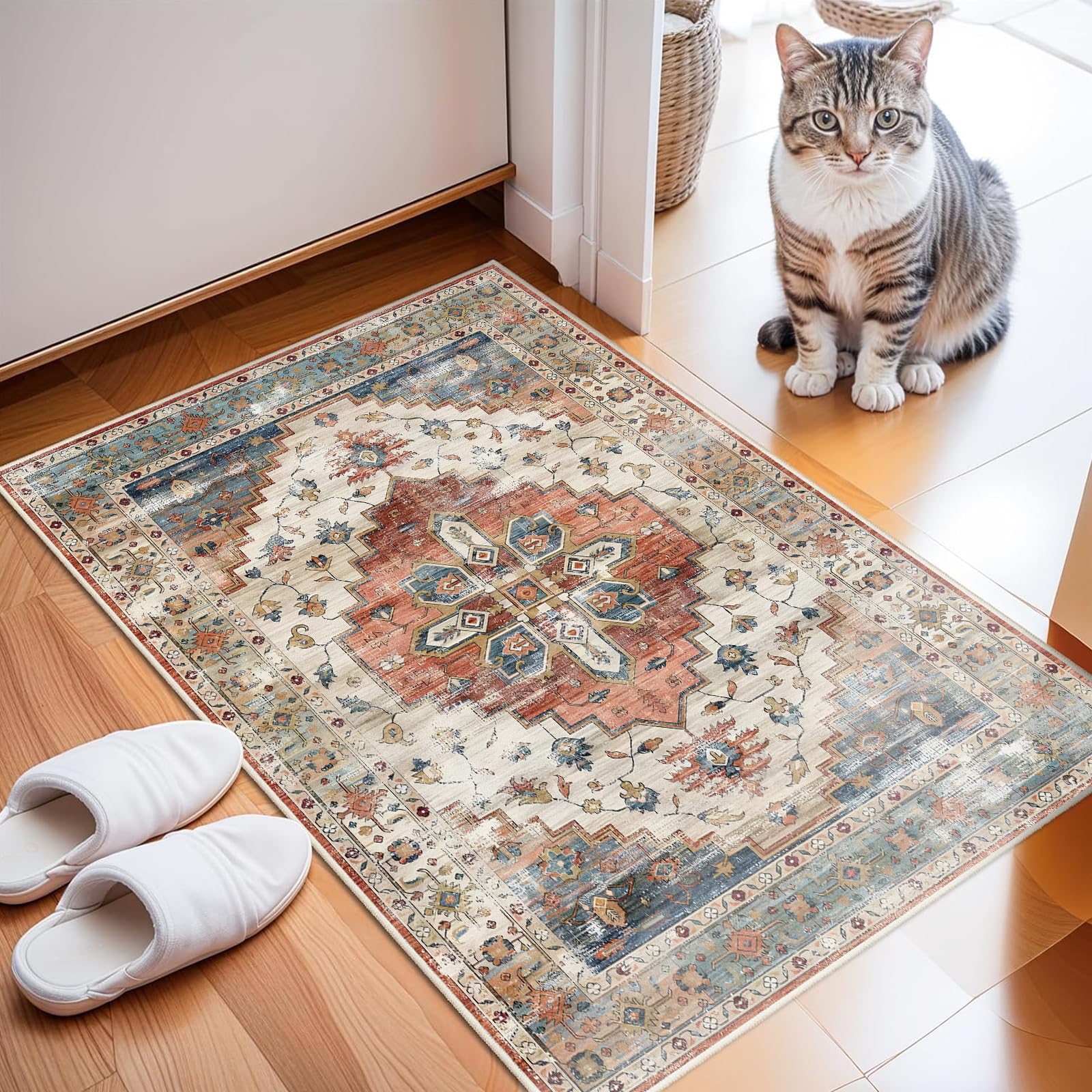 Enkor Area Soft Rugs 2x3 Washable Non Slip Boho Small Floor Entryway Rugs for Hallway, Vintage Style Farmhouse Mat for Kitchen Beige & Red