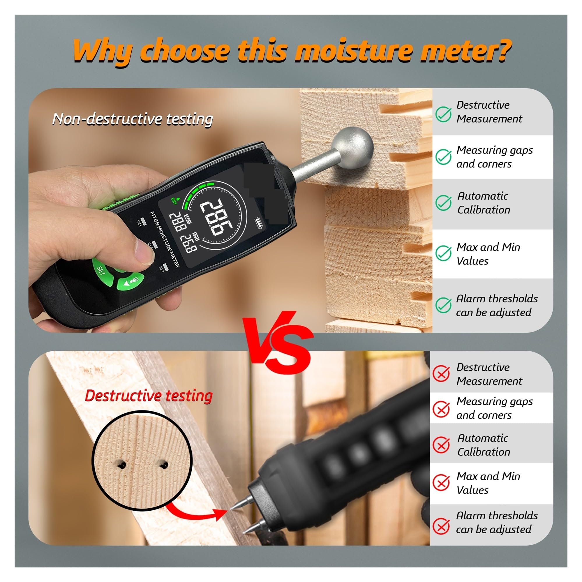 Misuratore di umidità del Legno Digitale MT68 Rilevatore Senza Contatto Schermo LCD Igrometro Allarme Tester Sfere Piccolo Errore