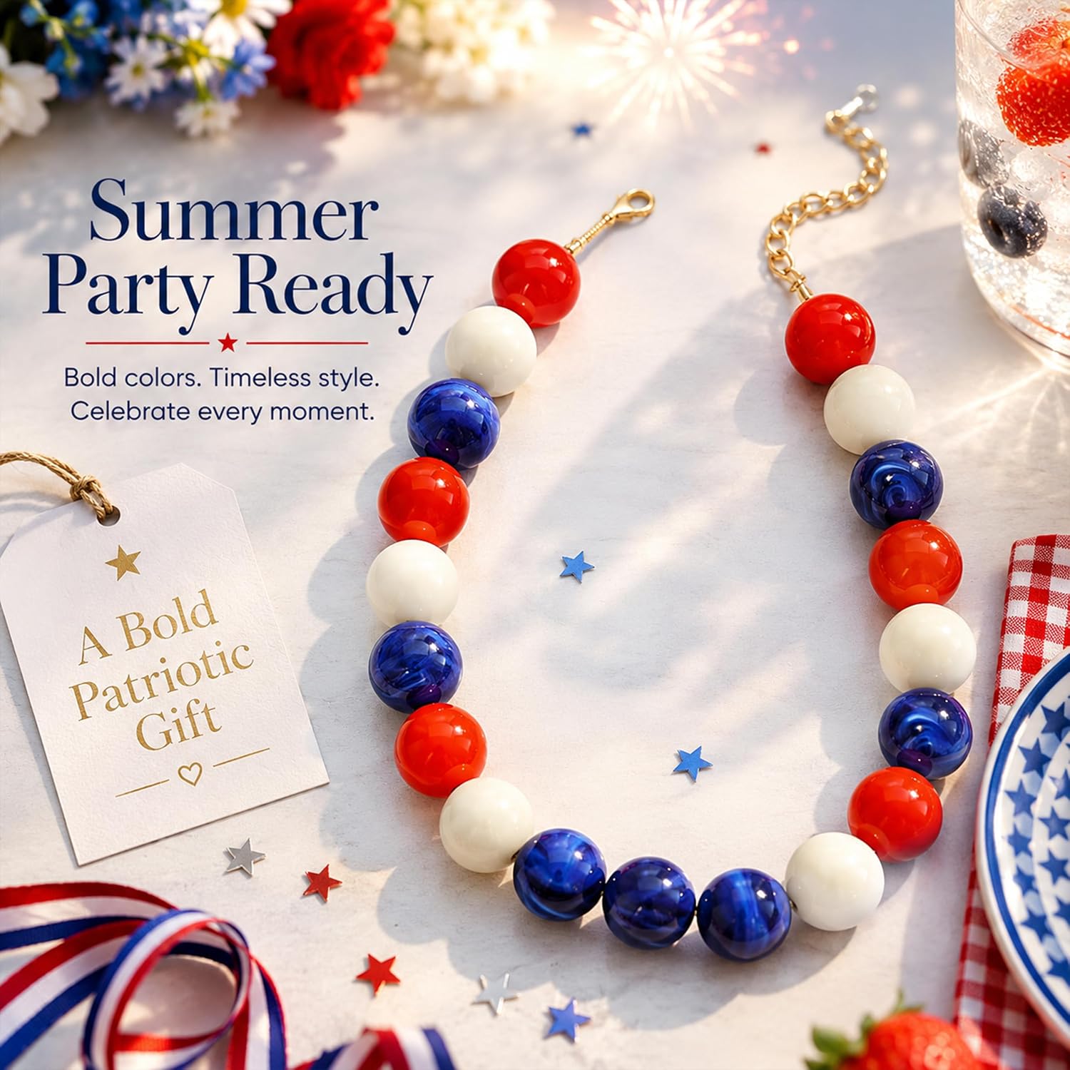 Red White Blue Necklace for Women Chunky Beaded Necklace Patriotic Statement Collar Large Colorful Round Bead Choker Trendy Summer Party July 4th Outfit Accessory Gift