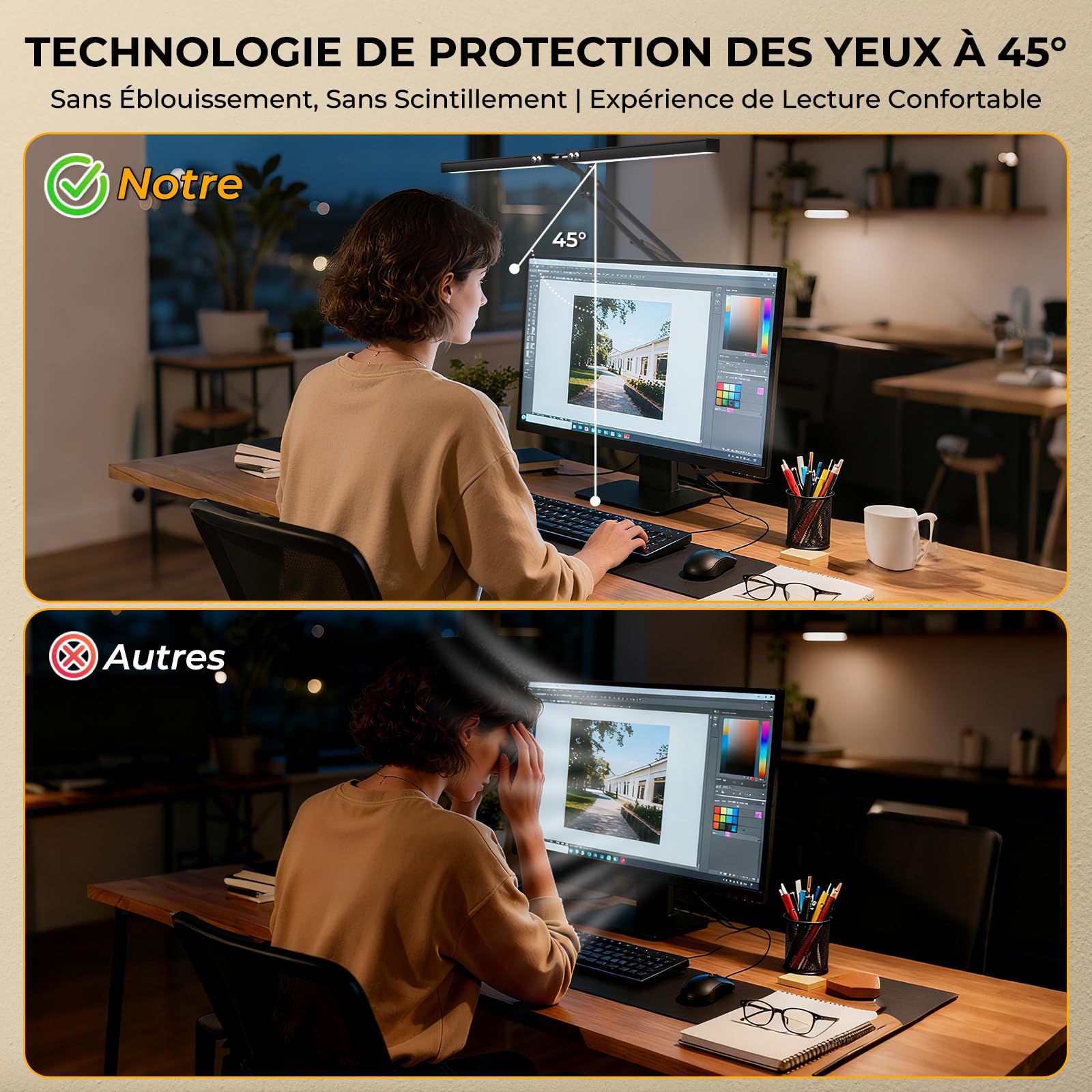 Lustaled 20W 2000LM Lampe de Bureau LED Pince Double Tête Dimmable | 3 Couleurs & 10 Luminosités, Protection des Yeux, Noir Lampe Bureau Puissante avec Prise pour Architecte, Ecran PC, Dessin