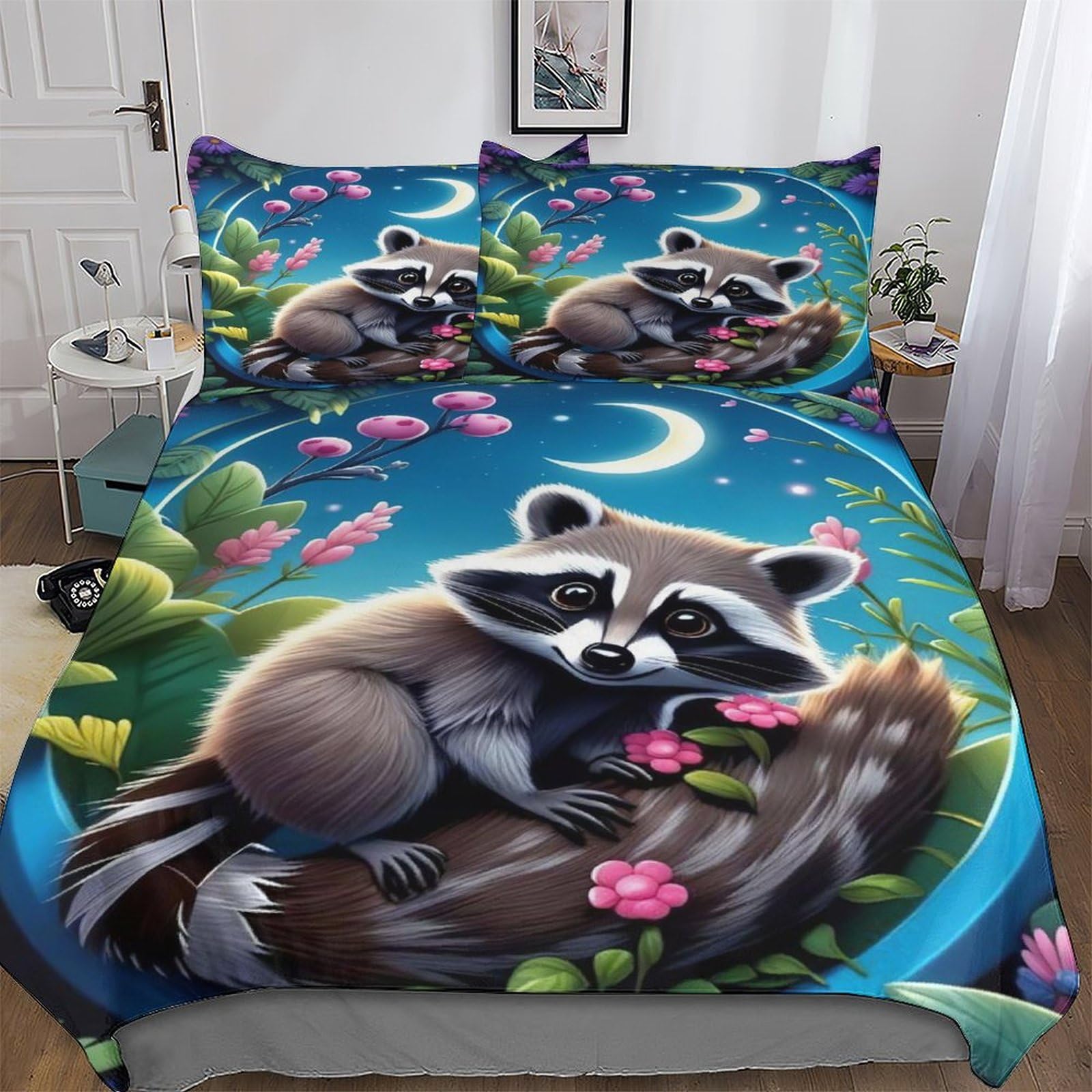 Parure de lit 3 pièces raton laveur housse de couette microfibre pour lit king