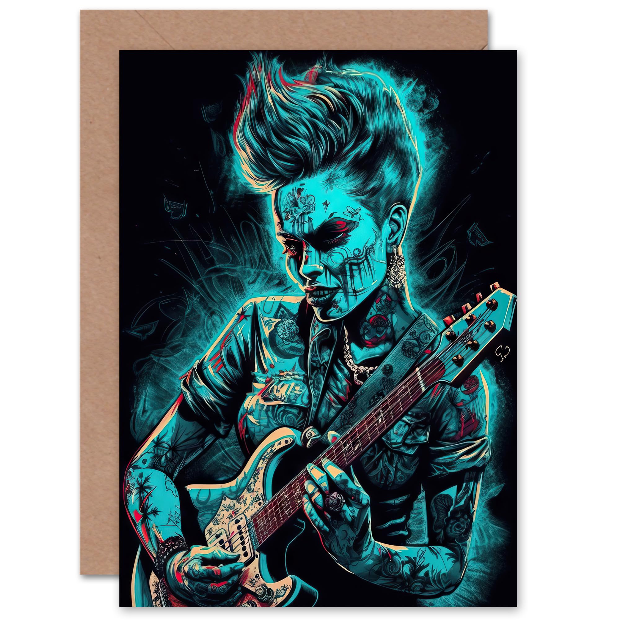 Artery8 Psychobilly Music Electric Death Punk Rock Guitarist for Wife Her Mum Sister Daughter Mom Gran Nan Birthday Thank You Congratulations Blank Art Greeting Card