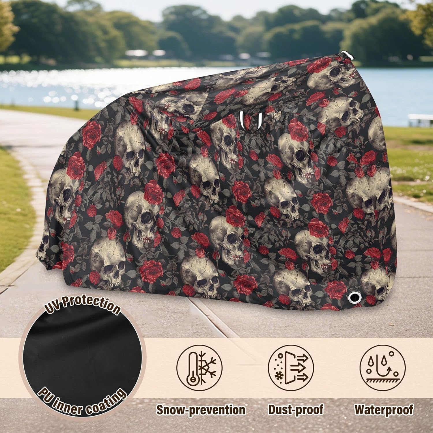 ALAZA Skull Red Rose Flower Floral Bike Cover Waterproof Outdoor Ebike Bicycle Covers Tarp Protection for 1/2 Bikes, Sun UV Dust Wind Proof