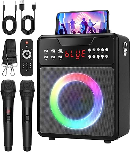 Karaoke Machine for Adults, Portable Bluetooth Speaker with 2 Wireless Microphones and Lights Show, Karaoke Speaker with Bass & Treble, Supports for TWS,USB,FM,REC,AUX in,TF Card for Party/Meeting
