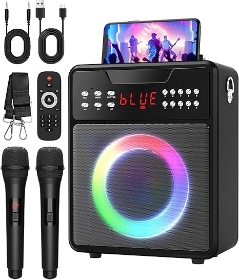 Karaoke Machine for Adults, Portable Bluetooth Speaker with 2 Wireless Microphones and Lights Show, Karaoke Speaker with Bass & Treble, Supports for TWS,USB,FM,REC,AUX in,TF Card for Party/Meeting