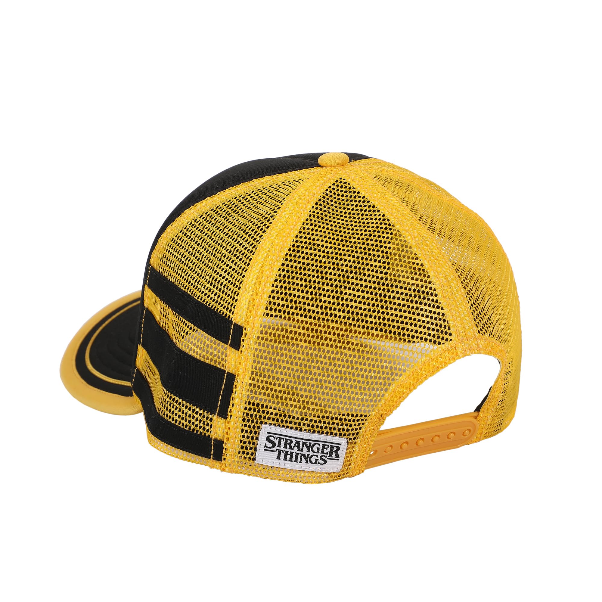 Gorra Stranger Things Dustin Henderson negra y amarilla de cosplay estilo trucker