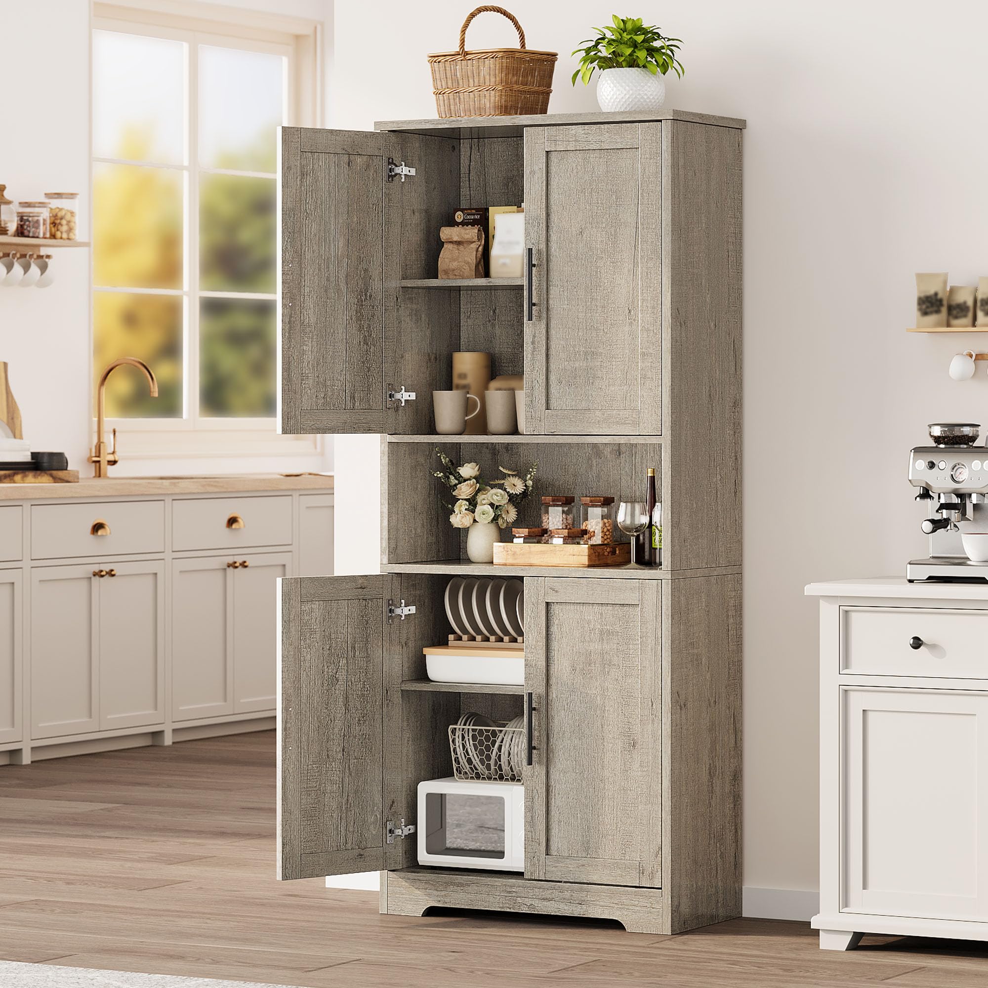 70" kitchen pantry storage cabinet, freestanding buffet cabinet with microwave stand & 4 door shelves, kitchen hutch with doors, adjustable shelves and wine rack,grey.