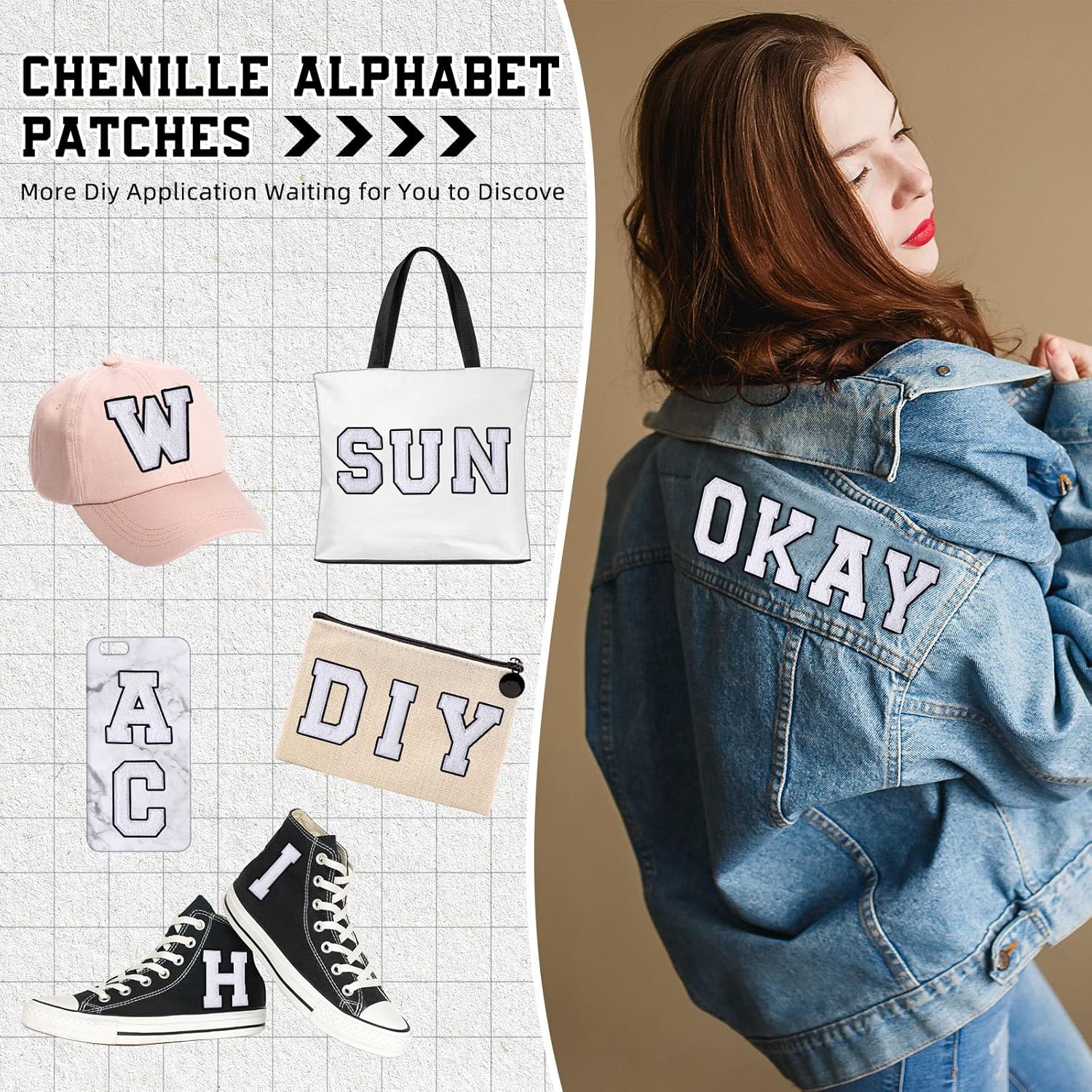 WILLBOND 104 Pieces Iron On Letters Chenille Letter Patches 3.1inches A-Z Alphabet Patches for Clothing Preppy Sew Embroidered Repair Fabric Jacket Jeans Bag(White with Black Edges)