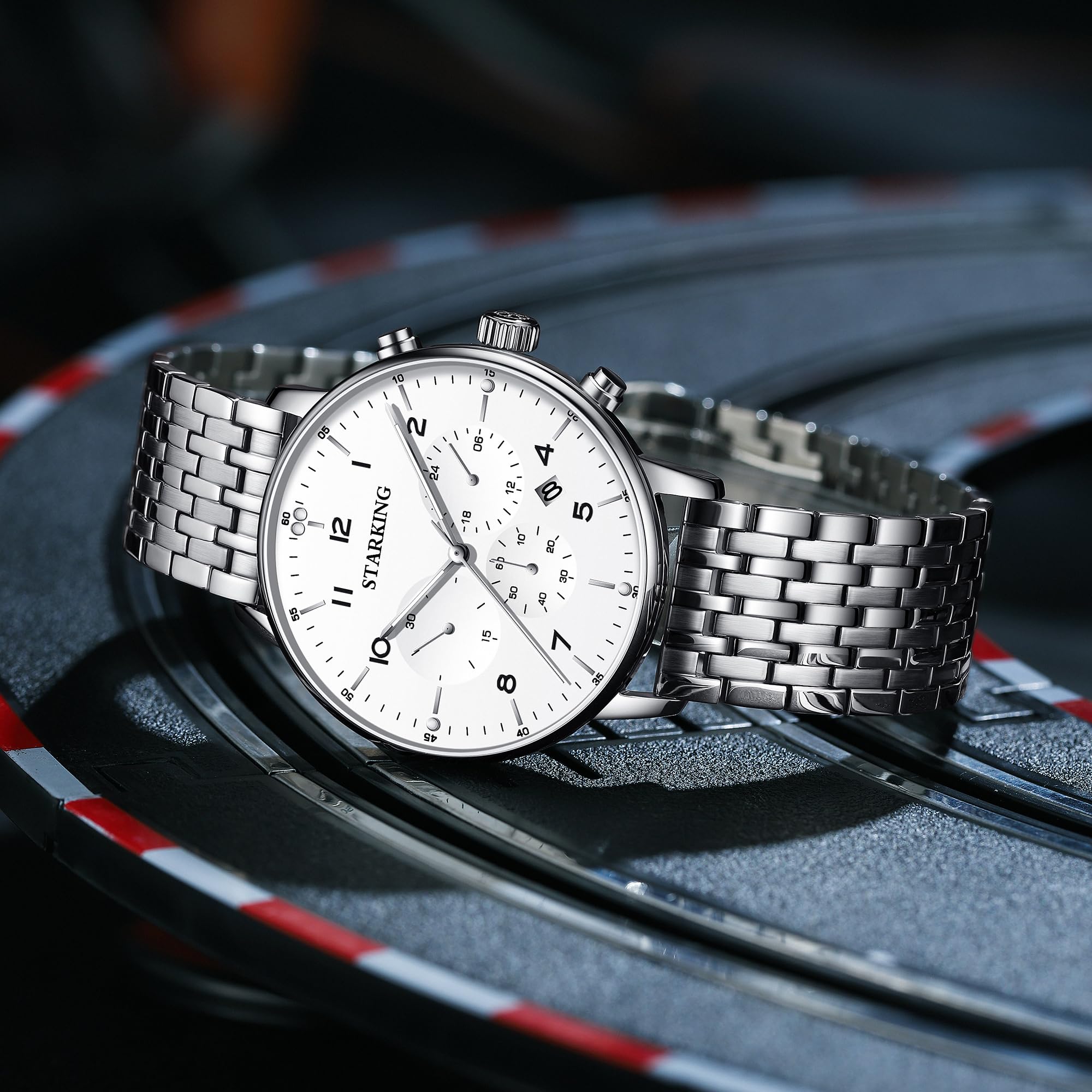 STARKING Modische Business-Herrenuhr, Quarz-Armbanduhren von Luxus-Uhren, 3 ATM wasserdicht, Edelstahl, automatisches Datum