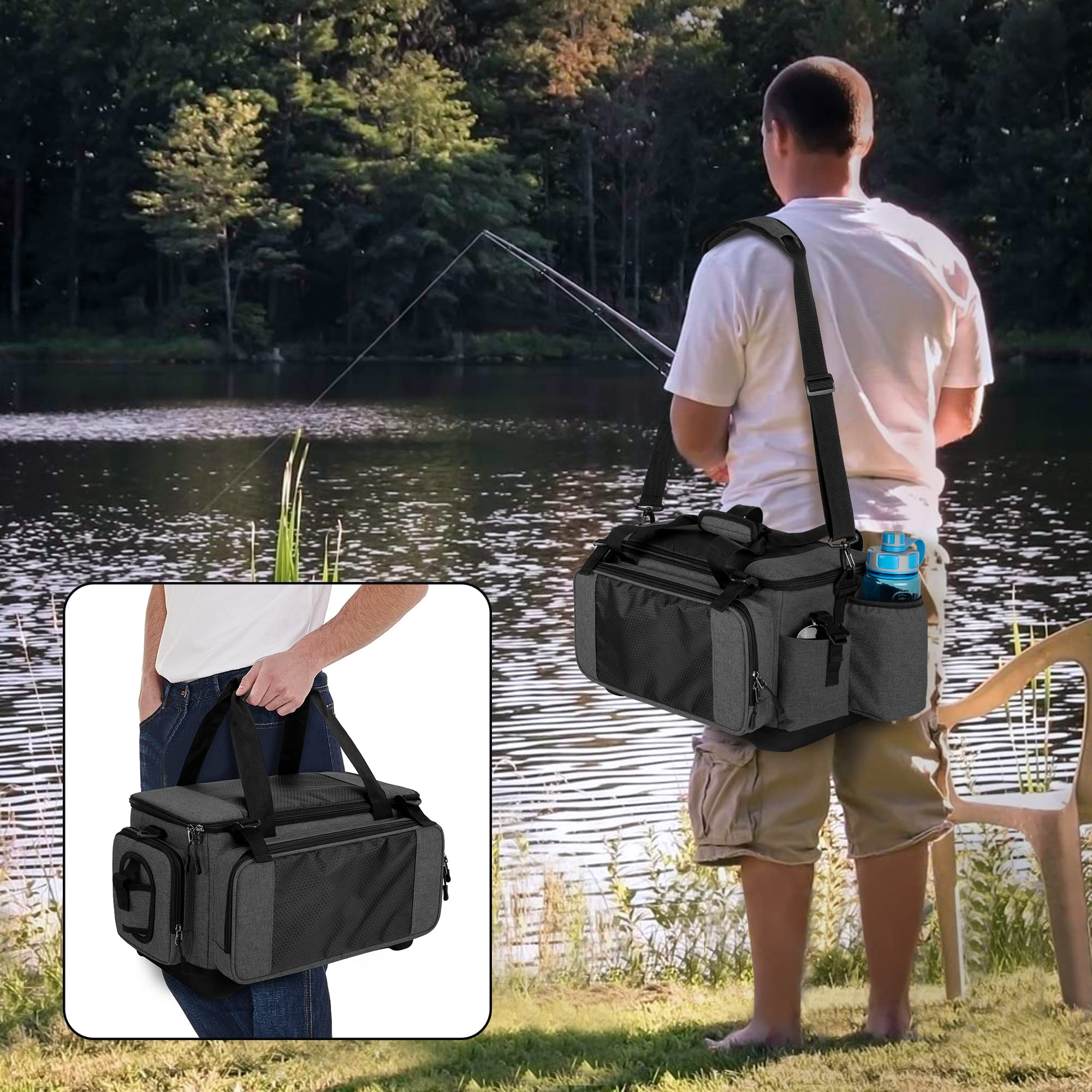 DSLEAF Sac De Pêche Pour Boîtes 3500/3600 – Sac Souple, Fond Imperméable, Porte-cannes, Pêche Eau Douce/salée
