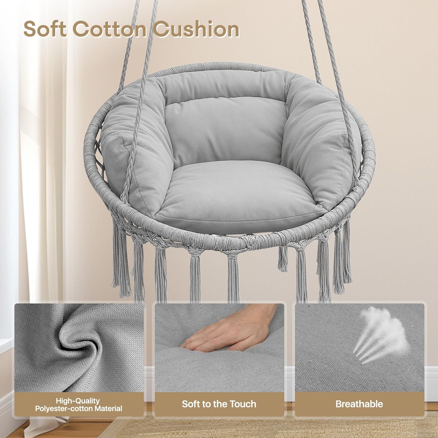 Athena Collection Hammock Chair Hanging Swing Chair with Large Thick Cushions, Outdoor Hanging Chair with Macrame Cotton Rope for Indoor, Outdoor, Bedroom, Balcony, Holds 350 Lbs, Grey
