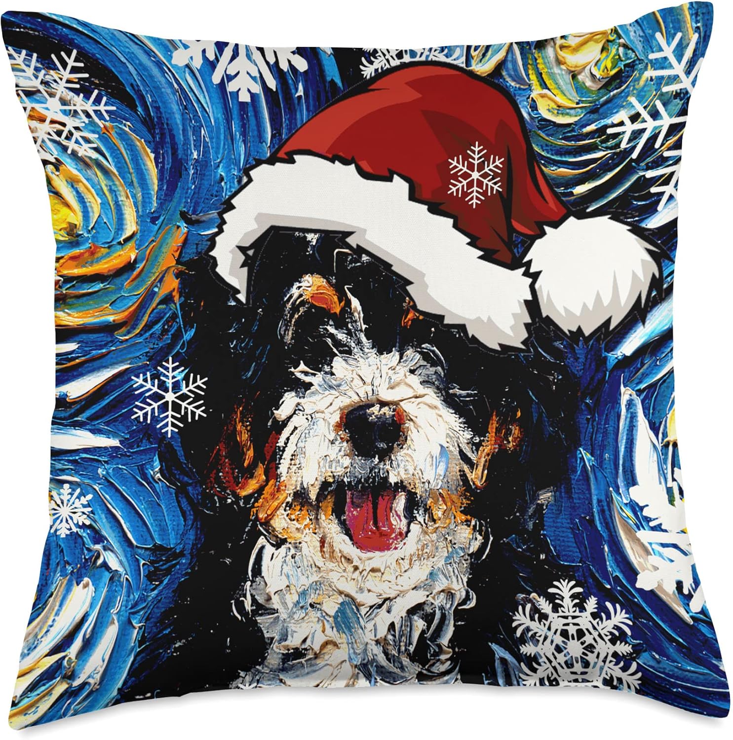 Bernedoodle in Santa Starry Night Dog Christmas Art by Aja Throw Pillow