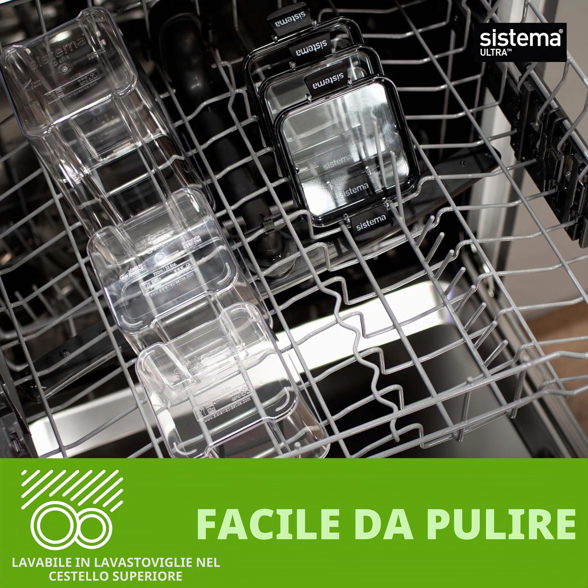 Sistema Ultra Square Contenitori ermetici dispensa | Conservazione degli alimenti di capacità assortita | Impilabile | Clip di bloccaggio | Senza BPA | Trasparente e nero | 5 pz