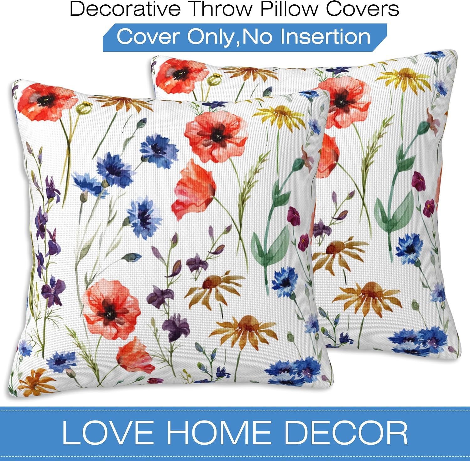 Wildflowers Throw Pillow Covers Set of 2 Watercolor Poppy Pillow Covers 20x20 Inch Modern Farmhouse Home Decorative Pillow Cases Cushion Cover for Sofa Living Room Office image 3