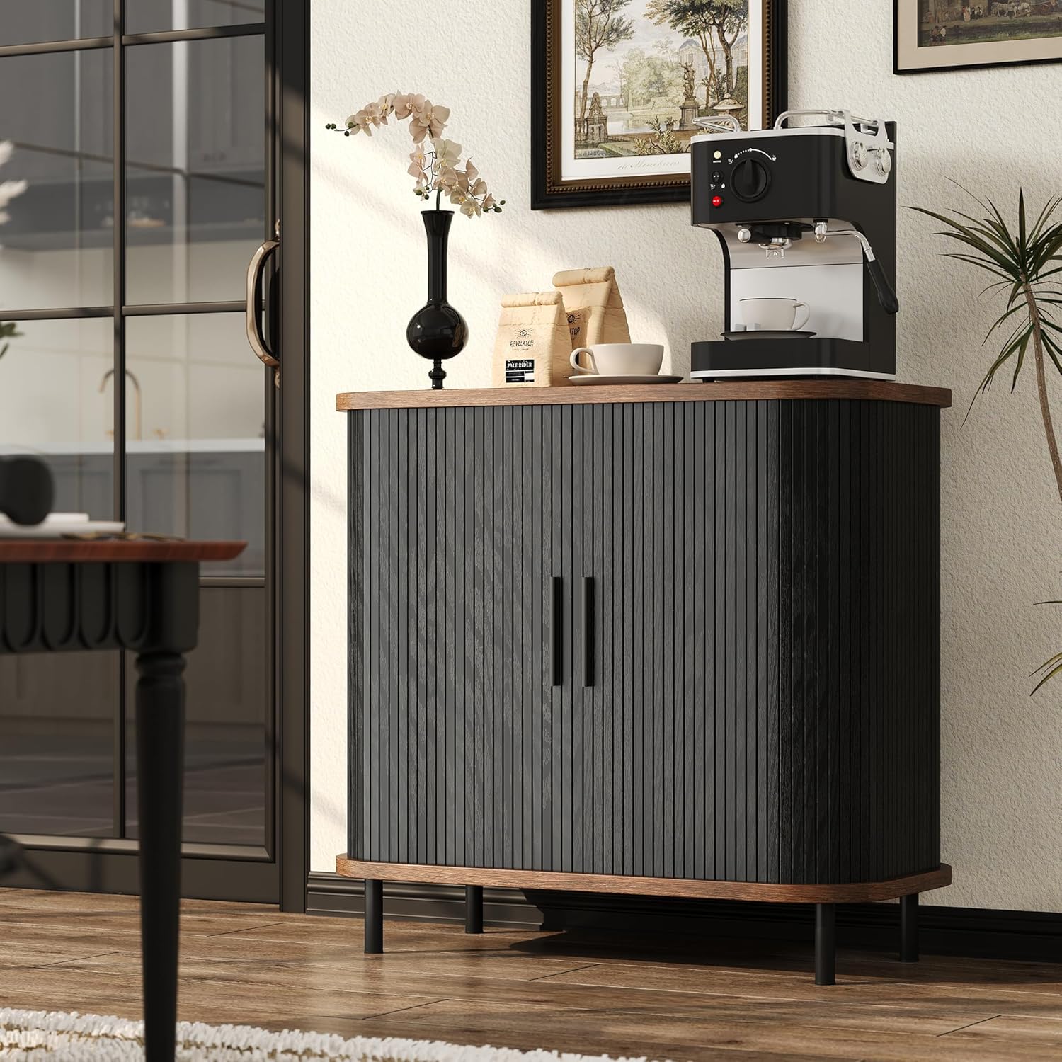 Fluted Sideboard Buffet Cabinet, 31''W Storage Cabinet with Sliding Door, Coffee Bar Buffet Cabinet for Living Room, Kitchen, Entryway, Black