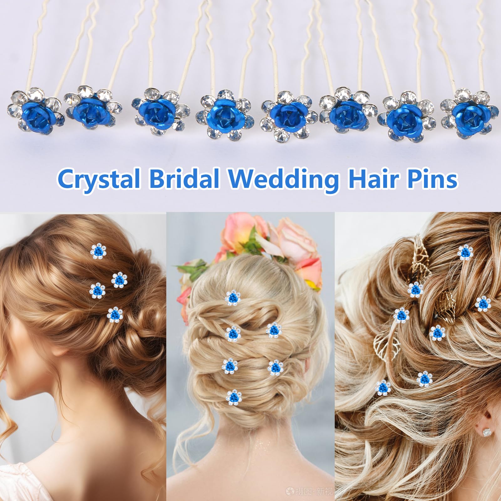 UHOMENY 25pcs Bridal Wedding Hair Pins with Crystal Rose Flower Crystal Diamante Rose Flower Rhinestone Hair Pins Clips for Bridal Wedding Women Hair Accessories (Blue) - Image 4