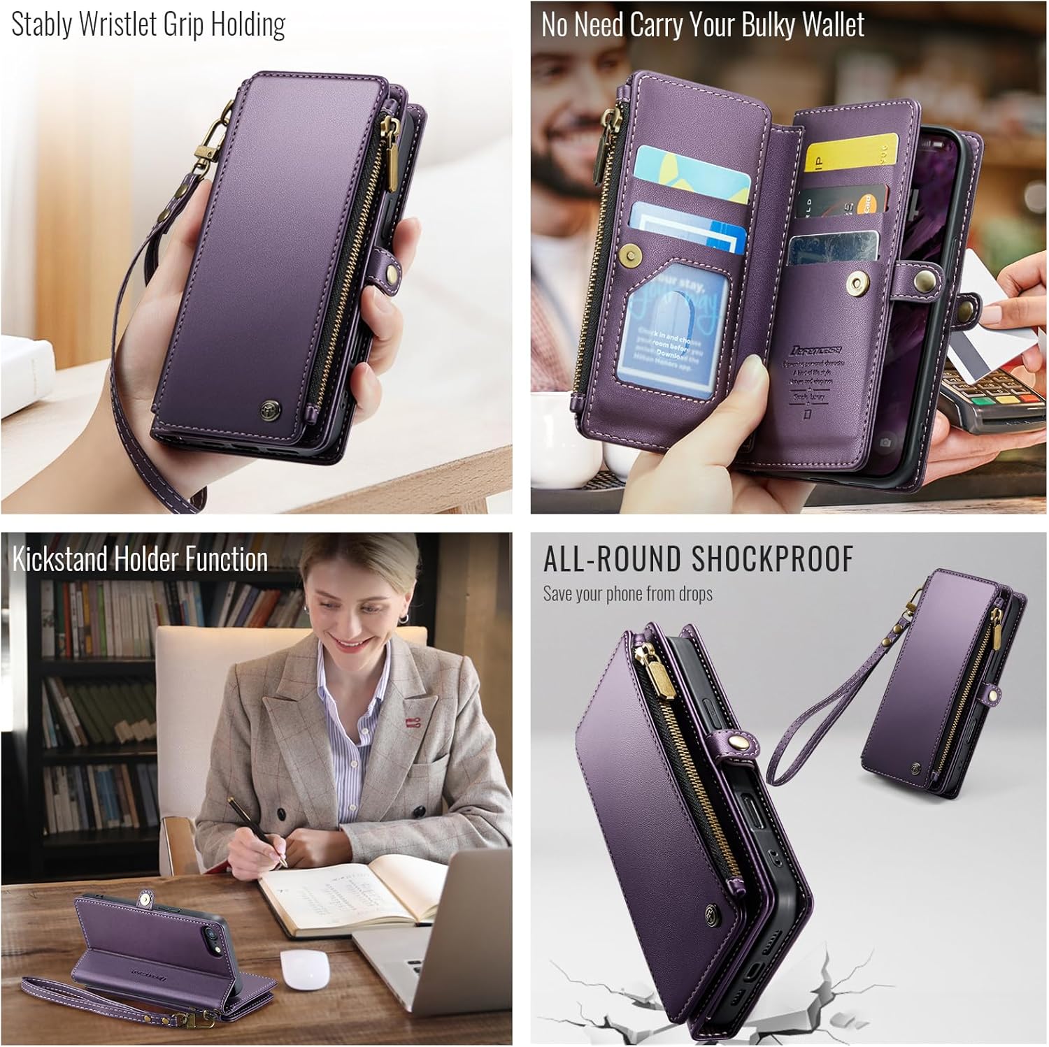 Defencase Compatible with iPhone SE 2020 2022 Case Wallet with RFID Blocking Card Holder for Women Men, Soft PU Leather Magnetic Snap Flip Zipper Strap Wallet Phone Case Fit for iPhone SE/7/8, Purple