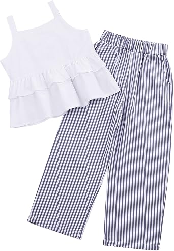 Girls 2 Piece Sleeveless Cami Top Wide Leg Pants Summer Outfits with 2 Pockets, Navy Blue 5-6Y