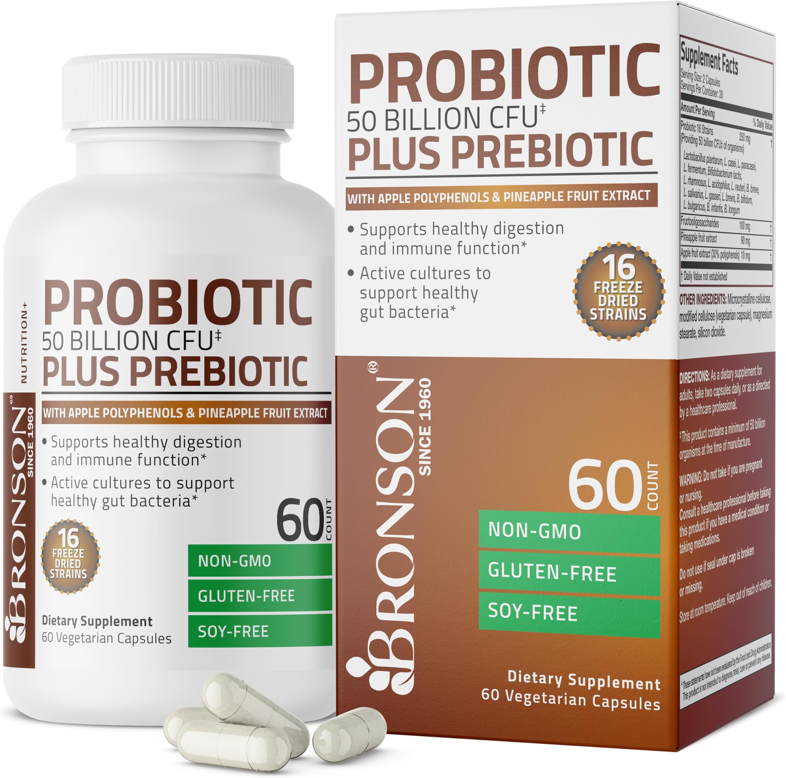 Bronson Probiotic 50 Billion CFU + Prebiotic with Apple Polyphenols & Pineapple Fruit Extract for Women & Men Non-GMO, 60 Vegetarian Capsules