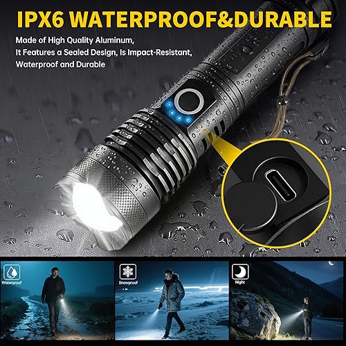 Miniatura 5 de Linternas recargables de alto lúmenes, linternas LED de mano potentes con 5 modos, luz de flash brillante táctica impermeable, 9000 lúmenes,