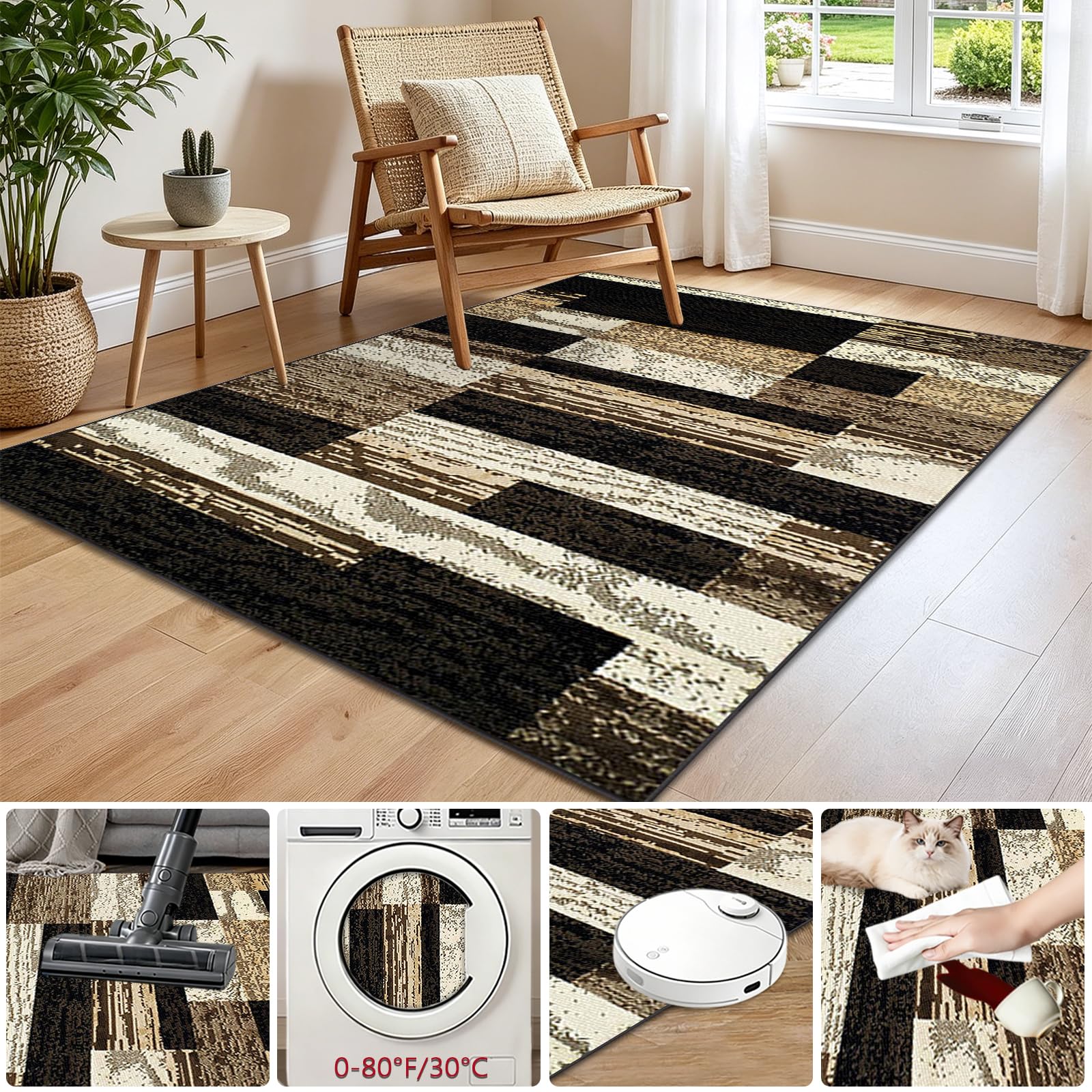 Teppiche Wohnzimmer Deko Weich Waschbarer Anti-Rutsch Modern Wohnzimmerteppich Teppiche Gegend Kurzflor Teppich für Schlafzimmer Kinderzimmer Bettvorleger Matte Schwarz 200 x 230cm