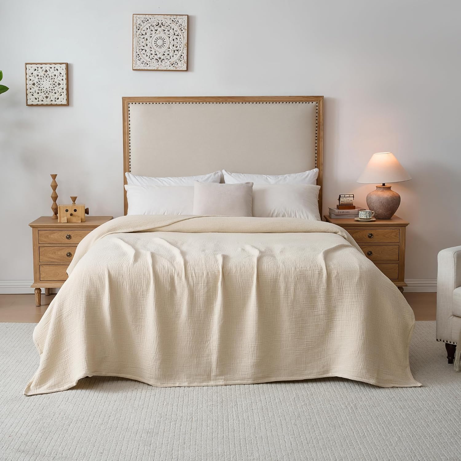 Cotton Muslin Blankets for Adults — Lightweight Breathable Cotton Gauze Blanket for Bed Couch & Layering, Soft Airy Throw for All Season Comfort, Cozy Textured Bedding Blanket, Full/Queen, Beige