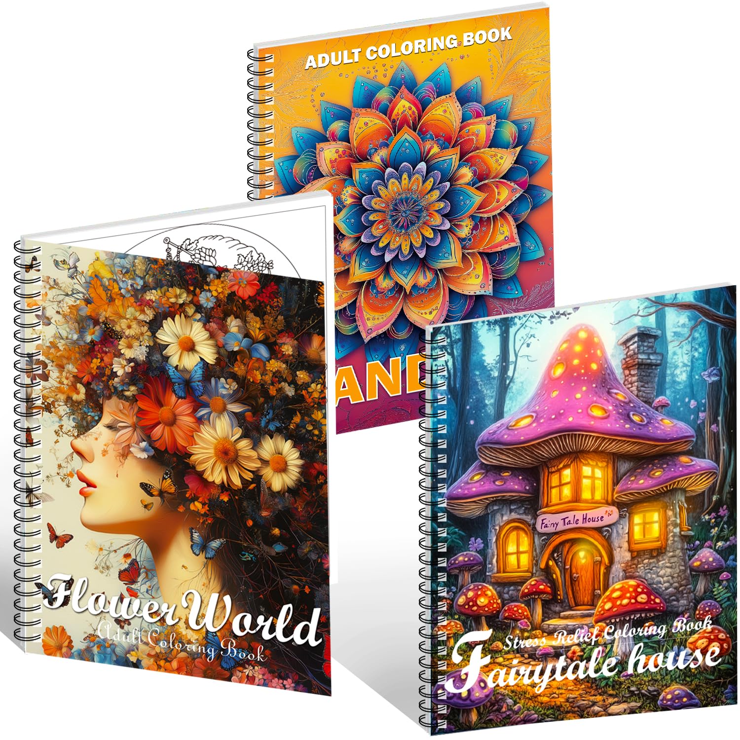 Aannanl Adult Colouring Books 3 Pack Colouring Books for Adults Relaxation Include Mandalas,Flowers World and Fairytale House Theme,Colour Book for Women Men to Stress Relief,Therapeutic (Orange)