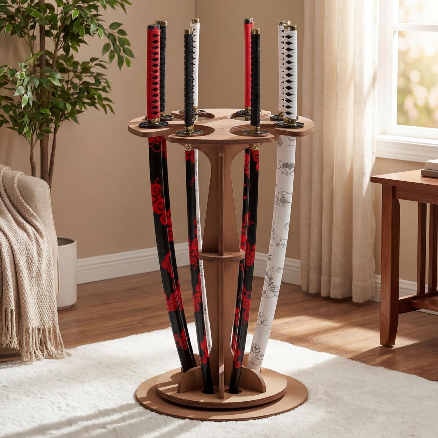 Geelin 8 Tier Wooden Vertical Sword Stand Rack 26.6 x 16 Inch Rotating Katana Holder Sword Display Stand Floor Walnut Color Rack Organizer for Katana Samurai Japanese Blade Collection Display